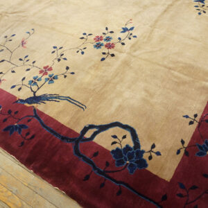 A plush tan rug with a maroon border features detailed blue and pink floral and bird designs.