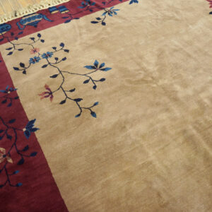 Low-pile beige rug with a dark red border patterned with blue vessels and delicate pink and blue flowers.
