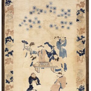 Beige rug with a detailed central scene of figures, framed by a decorative blue and tan cloud border.