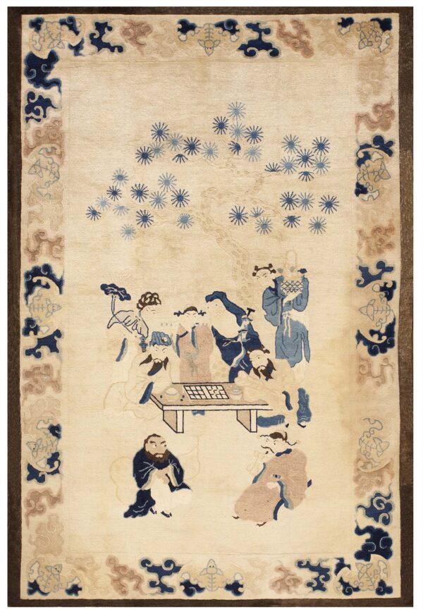 Beige rug with a detailed central scene of figures, framed by a decorative blue and tan cloud border.