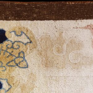 High-pile rug detail showing a dark brown border and field with blue, gold, and muted pink scroll patterns.