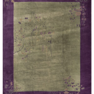 Sage green field rug with a wide purple border and intricate botanical and scenic motifs.