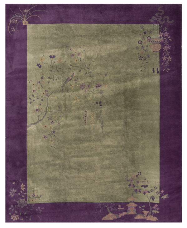 Sage green field rug with a wide purple border and intricate botanical and scenic motifs.