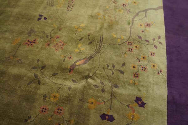 Plush olive green rug with yellow and purple floral patterns and a bird motif next to solid purple flooring.