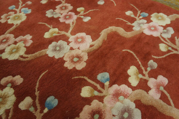 Reddish-brown rug surface featuring a raised floral branch pattern in cream, light blue, and pink pastels.