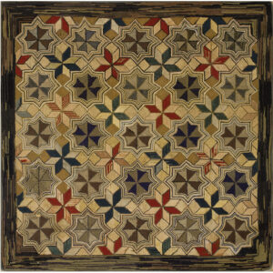 Textured square rug featuring a repeating quilt-like pattern of multicolored stars on a beige field with a dark border.
