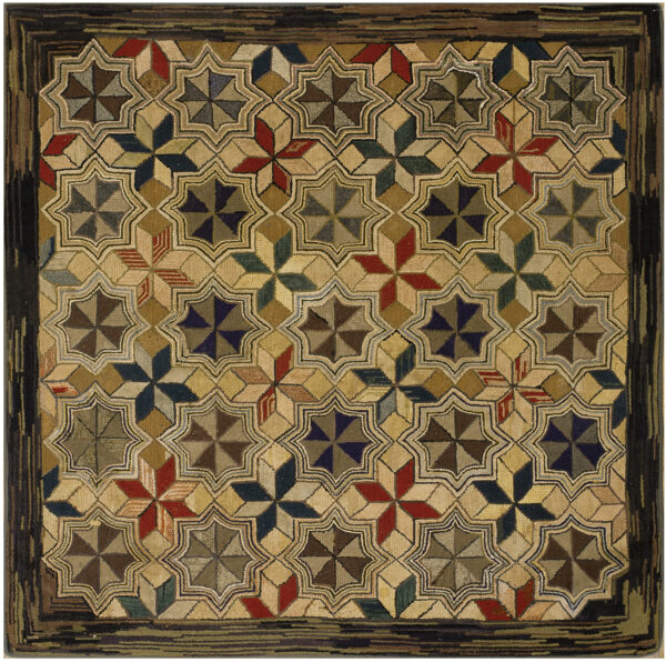 Textured square rug featuring a repeating quilt-like pattern of multicolored stars on a beige field with a dark border.