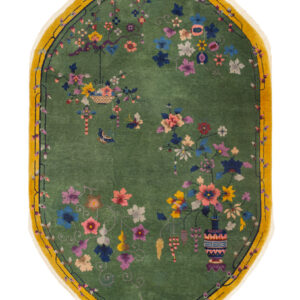 Antique Floral Wool Hand Knotted Pile Green 1930s Rug