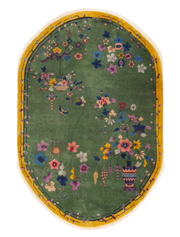 Antique floral wool hand knotted pile green 1930s rug