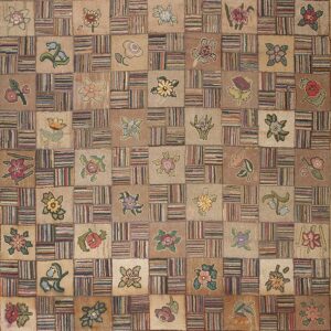 Beige floral blocks alternate with multicolored striped patchwork squares in a hooked texture rug.