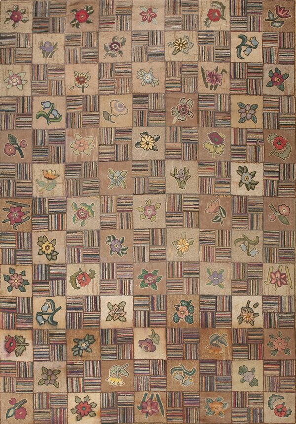 Beige floral blocks alternate with multicolored striped patchwork squares in a hooked texture rug.