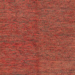 Flat-woven rug with a textured pattern of variegated rust red and charcoal gray horizontal stripes and flecks.
