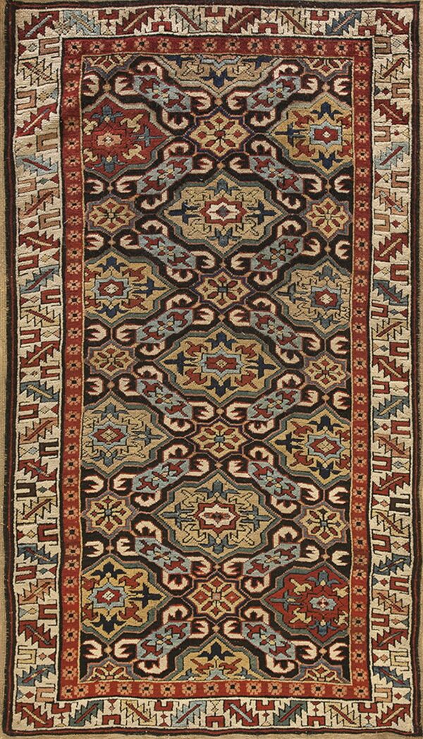 Traditional narrow rug with repeating medallion patterns in black, tan, red, and slate blue colors.