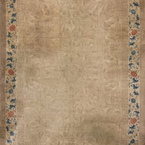 Muted tan rug with a subtle floral field and a contrasting border of vivid blue and red vines.