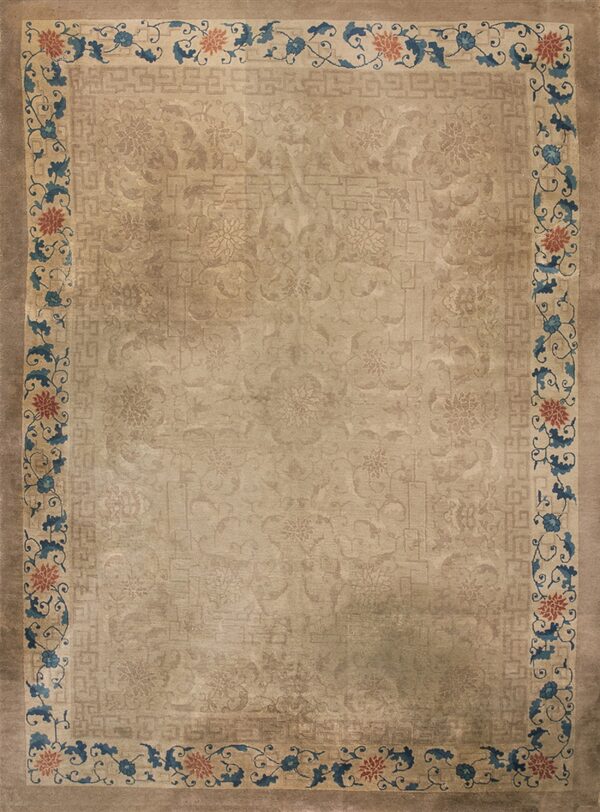 Muted tan rug with a subtle floral field and a contrasting border of vivid blue and red vines.