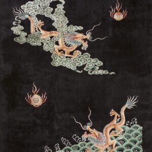 Black rug with two gold dragons among green clouds and waves, accented by flaming pearl motifs.