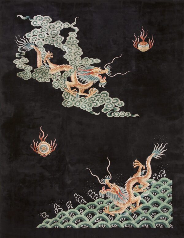 Black rug with two gold dragons among green clouds and waves, accented by flaming pearl motifs.