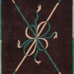 Deep brown rug featuring a beige and teal ribbon design overlaying crossed diagonal lines.