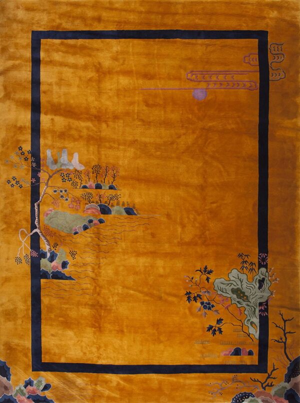 High-sheen gold rug featuring a navy frame and intricate floral and tree designs in the corners.