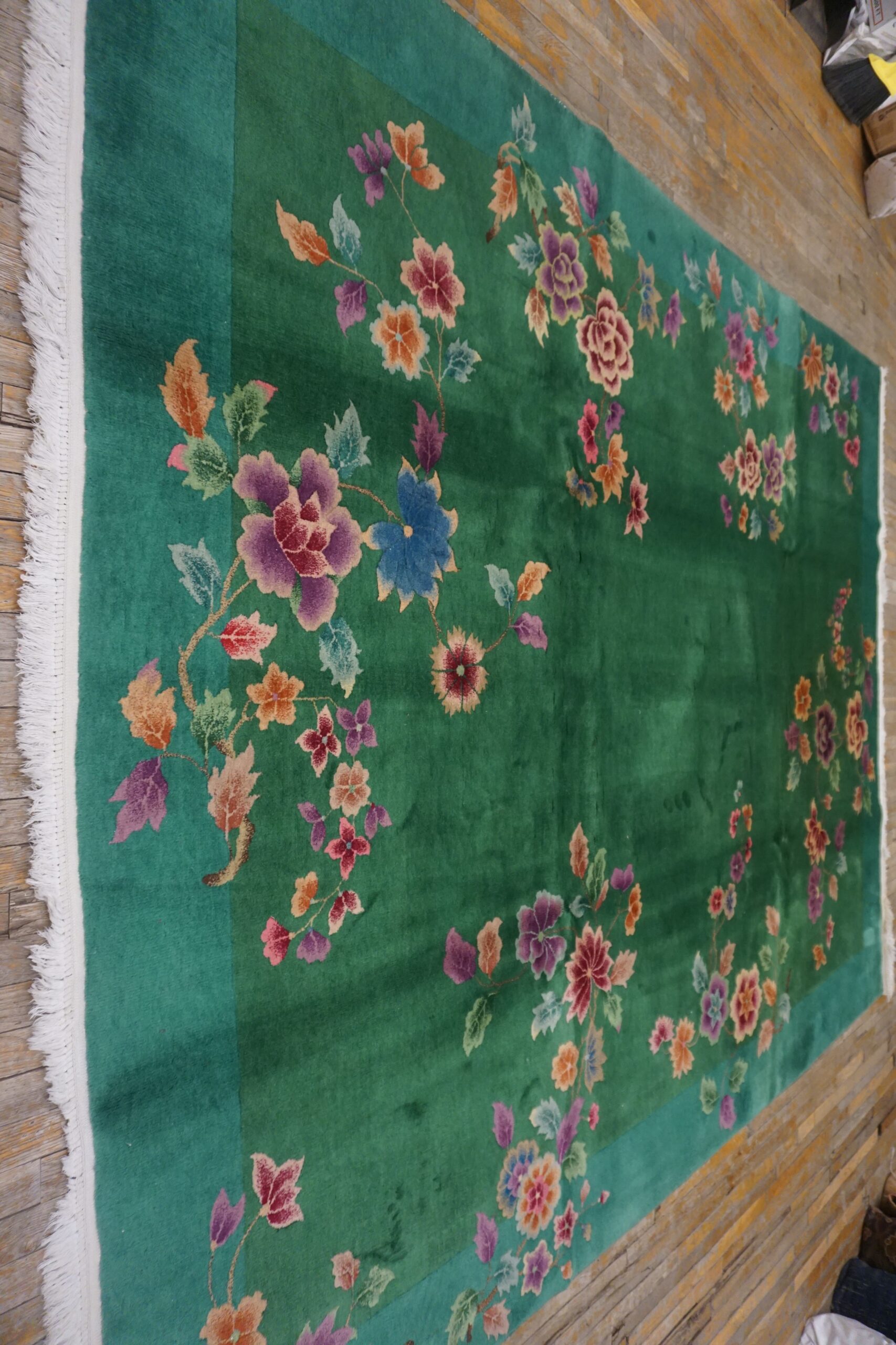 Antique Green Hand Knotted Wool Rug, Circa 1920s