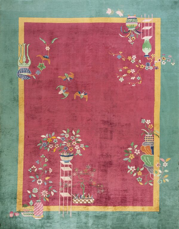 Rose-colored field framed by yellow and teal borders features colorful depictions of birds, flowers, and decorative objects.