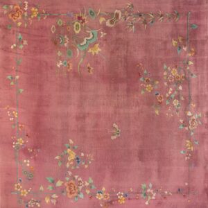 Velvety rose rug featuring a delicate floral border and vines with multicolored blossoms and a central butterfly.
