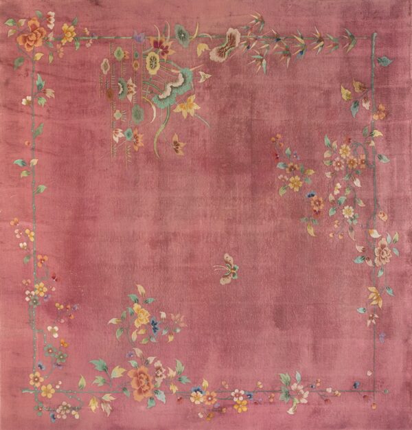 Velvety rose rug featuring a delicate floral border and vines with multicolored blossoms and a central butterfly.