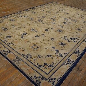 Large tan rug with blue floral and medallion patterns on rustic wood flooring.