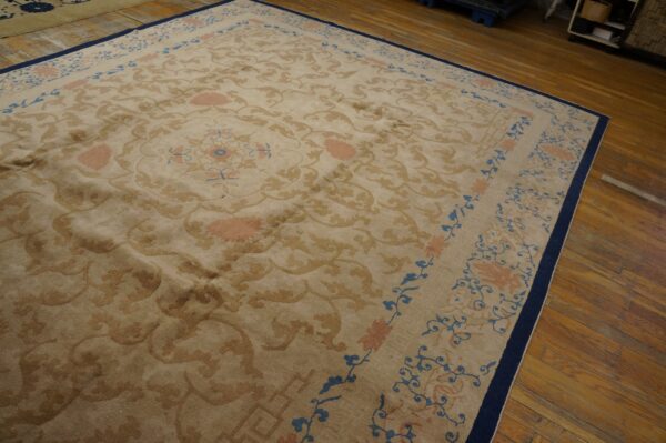 Plush beige rug with tan, pink, and blue designs bordered in navy rests on plank wood flooring.