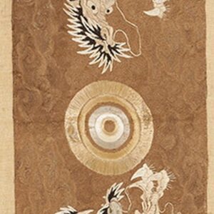 Long brown runner rug featuring detailed white dragon motifs flanking a central circular emblem.