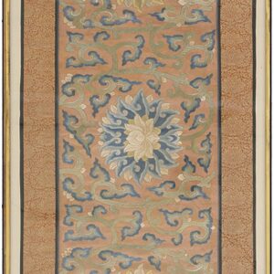 A vertical framed textile panel with blue, green, and cream floral designs on a peach background.