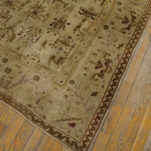 Muted traditional rug featuring beige, olive, and burgundy floral motifs rests on worn plank wood flooring.