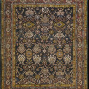 Dark navy oriental rug featuring traditional motifs in red, gold, and light blue with complex, multi-layered borders.