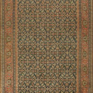 Dark teal runner rug featuring a dense all-over floral pattern and prominent rust-colored borders.