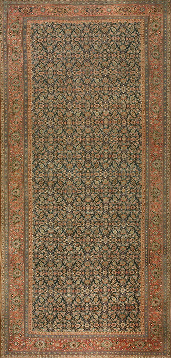 Dark teal runner rug featuring a dense all-over floral pattern and prominent rust-colored borders.
