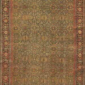 Ornate traditional rug featuring a dense repeating olive green and black pattern surrounded by thick coral and dark borders.