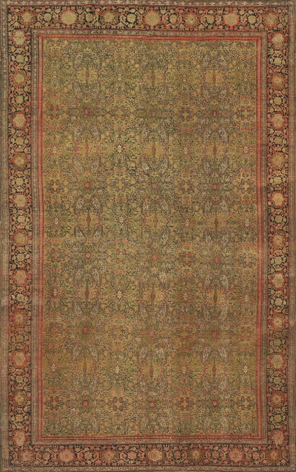 Ornate traditional rug featuring a dense repeating olive green and black pattern surrounded by thick coral and dark borders.