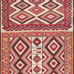 Complex flat-weave rug with two distinct geometric patterns in red, cream, brown, and gray.