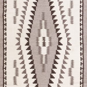 White, gray, and dark brown flatweave rug with stepped geometric tribal patterns.