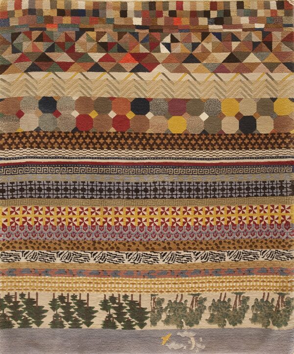 Multicolored rug designed with horizontal stripes containing varied geometric, nature, and checkerboard motifs.