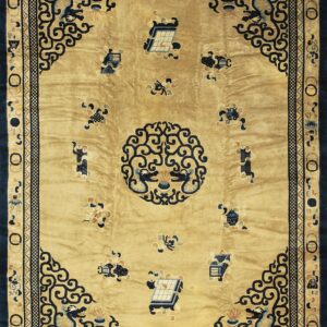 Golden yellow rug featuring navy blue scrollwork, scattered symbols, and a detailed central medallion.