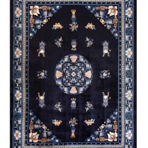 Formal navy rug featuring a beige and blue floral medallion and complex patterned border on a white background.
