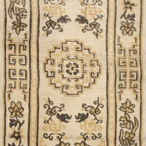 Cream rug featuring traditional geometric fretwork borders and floral patterns in contrasting tan and dark brown.