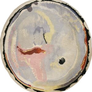 Round rug with abstract gray, cream, pink, yellow, and black swirling colors and an uneven edge.