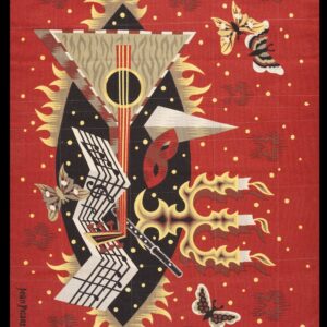 A low-pile rug with a red ground and an abstract pattern of music staves, guitars, and butterflies.