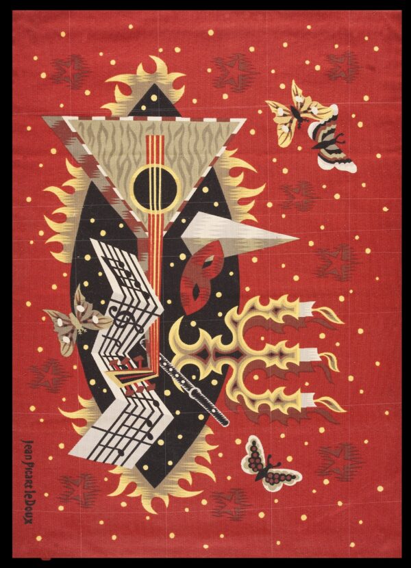 A low-pile rug with a red ground and an abstract pattern of music staves, guitars, and butterflies.