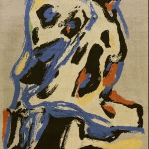 Beige rug featuring an abstract, gestural pattern of blue, black, yellow, and rust orange shapes.