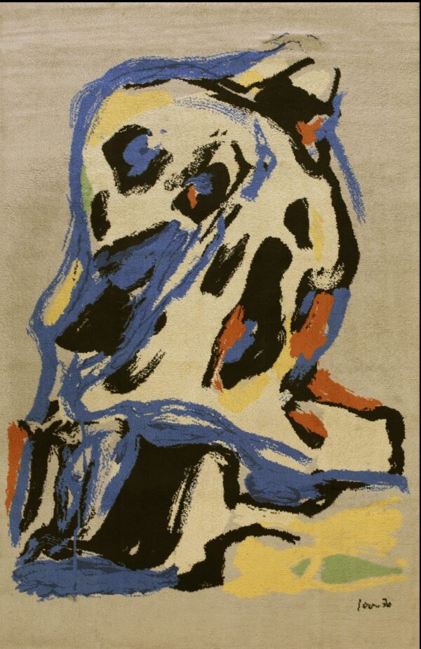 Beige rug featuring an abstract, gestural pattern of blue, black, yellow, and rust orange shapes.