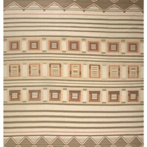Low-pile rug with tan, brown, and rust stripes, geometric diamonds, and square patterned medallions.