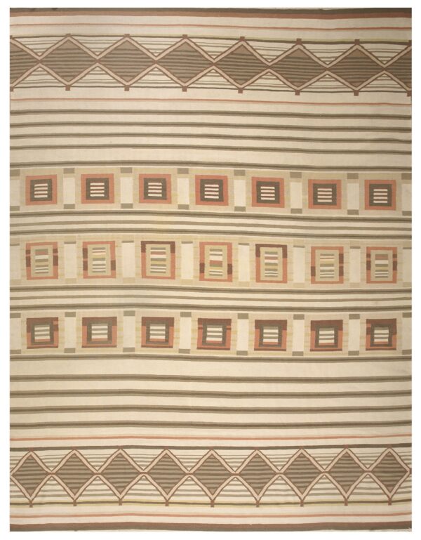 Low-pile rug with tan, brown, and rust stripes, geometric diamonds, and square patterned medallions.